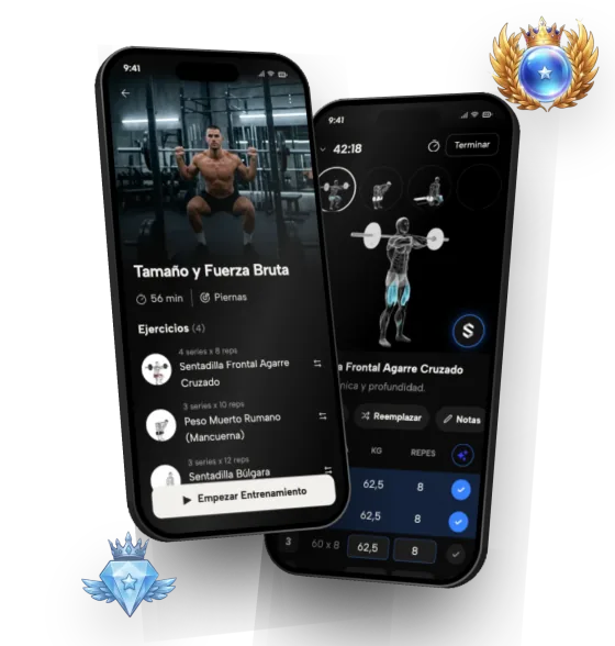 La app de Symmetry: la vista previa de un entreno y el entreno guiado, con dos insignias de rango