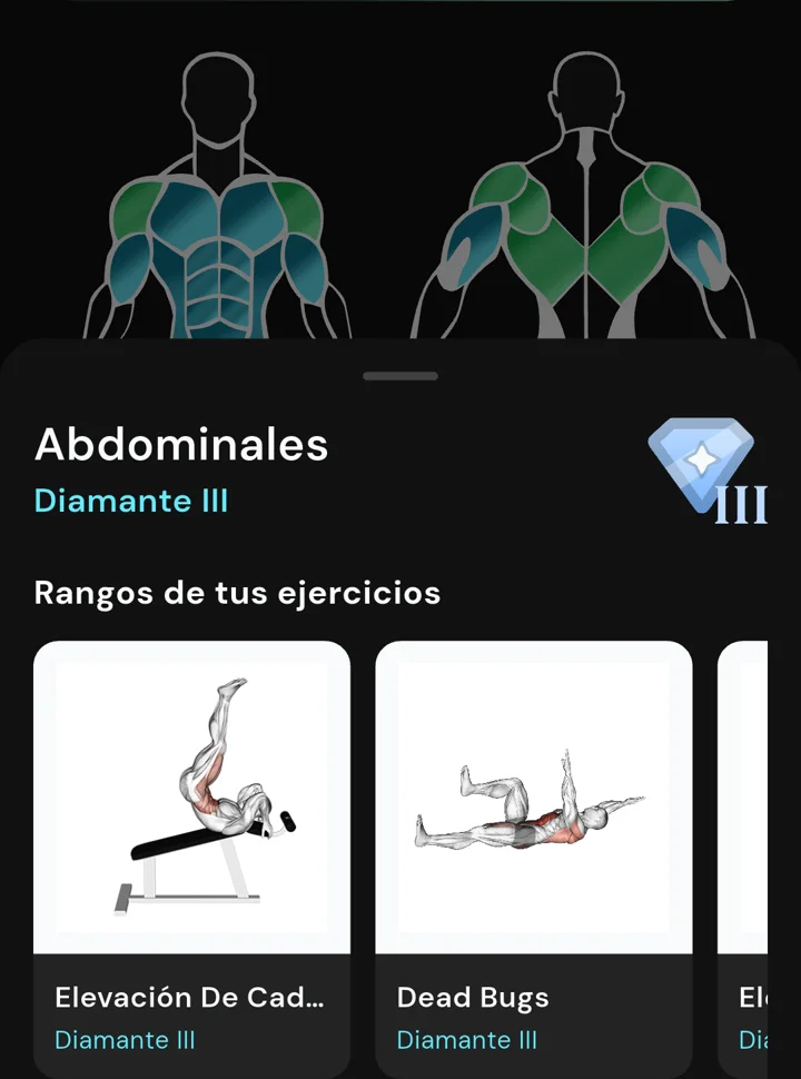 Detalle del músculo abdominales en Diamante III con los rangos de sus ejercicios en Symmetry